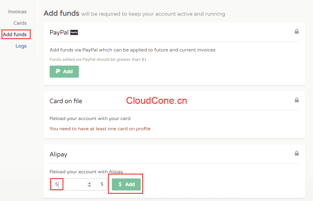 CloudCone支付宝充值